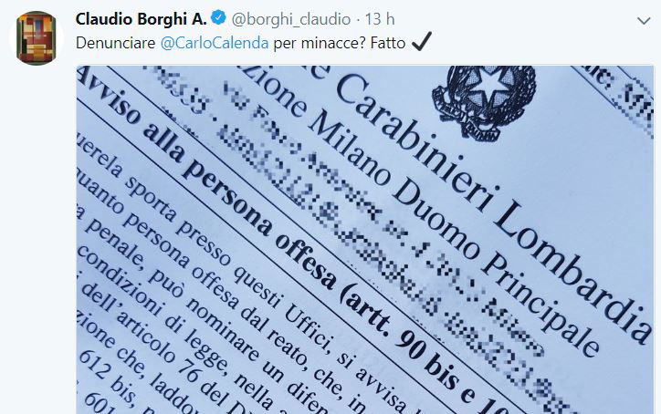 La denuncia di Borghi a Calenda per minacce article-post