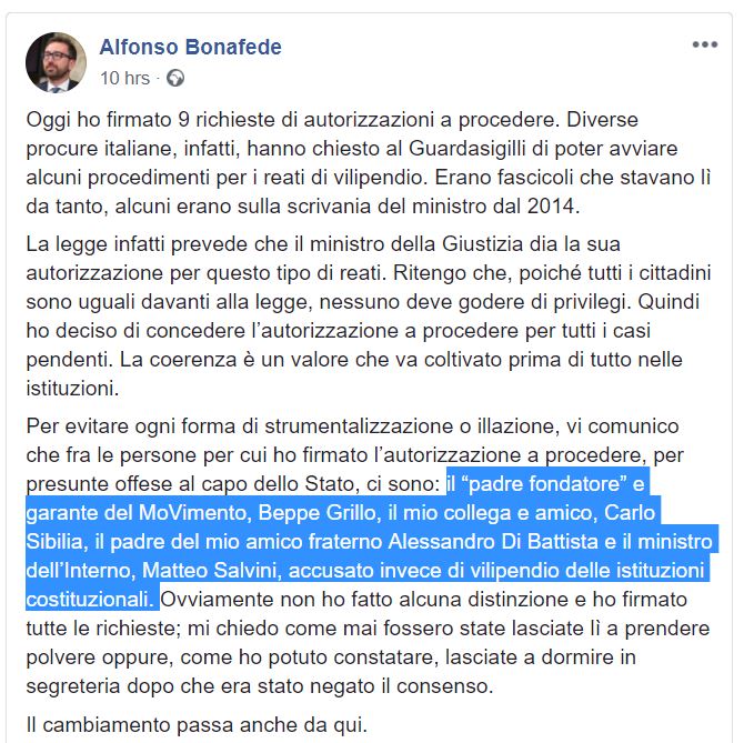 bonafede autorizzazione a procedere padre di battista