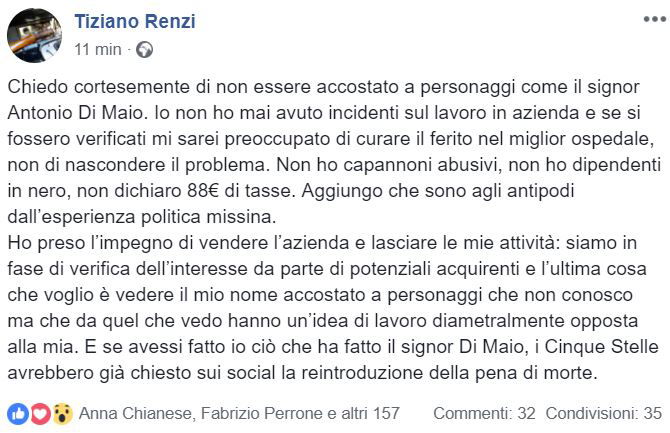 Tiziano Renzi non vuole essere accostato ad Antonio Di Maio article-post