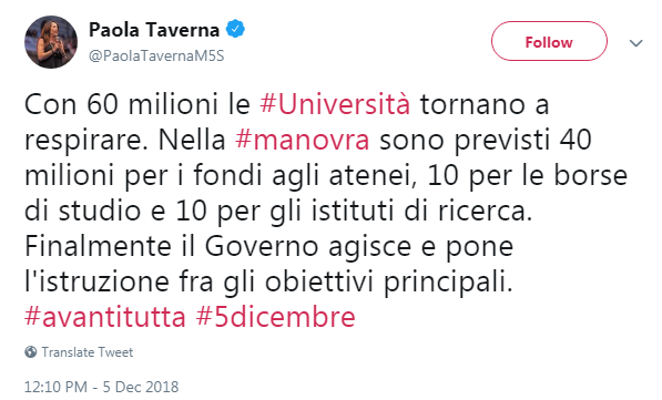 Come M5S mantiene le promesse: la Taverna e l’elemosina alle università italiane article-post