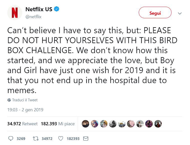 Bendati e in pericolo, Netflix dice 'no' alla Bird Box Challenge Bendati e in pericolo, Netflix dice 'no' alla Bird Box Challenge