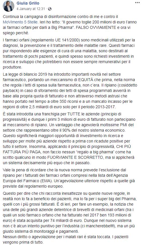 farmaci orfani legge bilancio 2019 giulia grillo - 1
