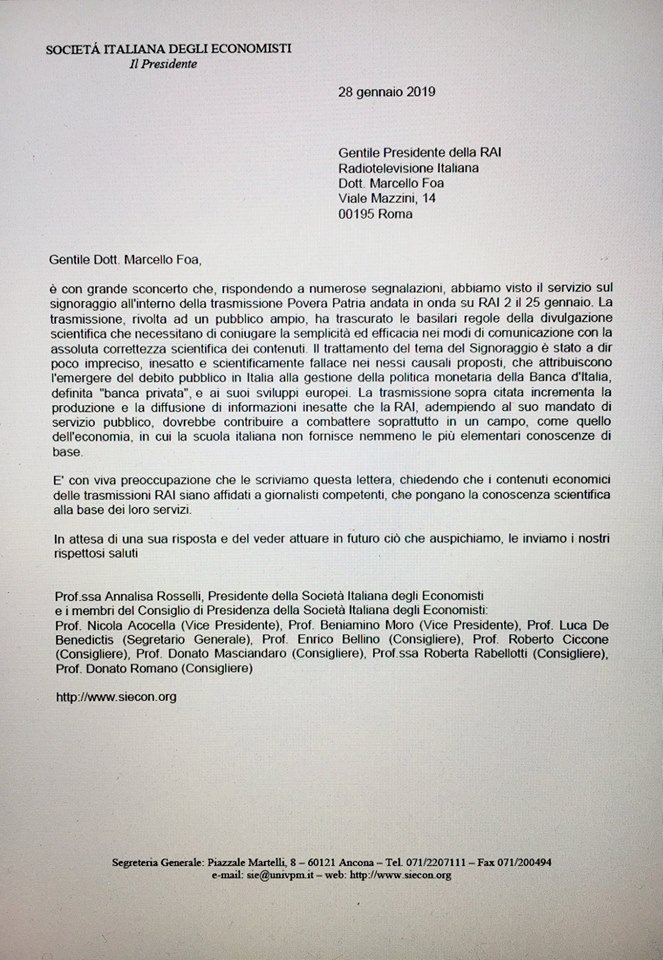 lettera società italiana economisti