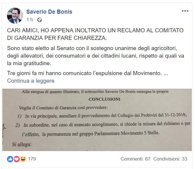 Il senatore De Bonis presenta ricorso contro l’espulsione dal M5S article-post
