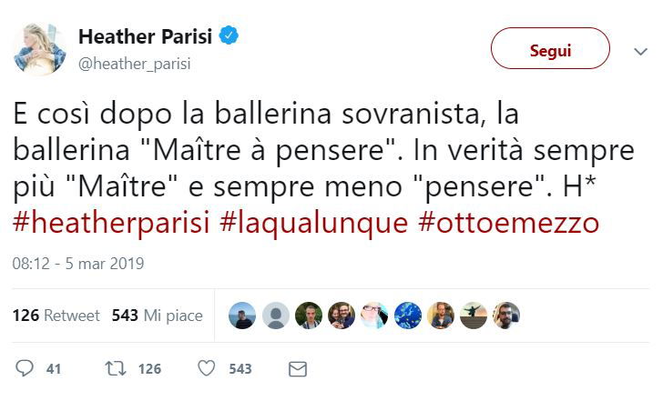 Heather Parisi e i pochi pensieri della “ballerina sovranista” article-post