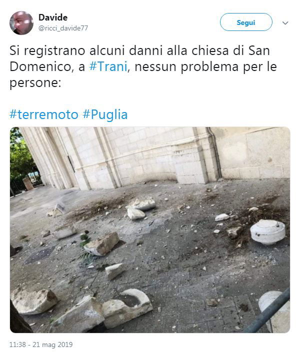 terremoto barletta trani danni chiesa