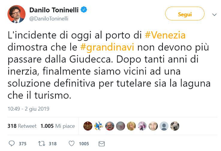 danilo toninelli grandi navi porto marghera