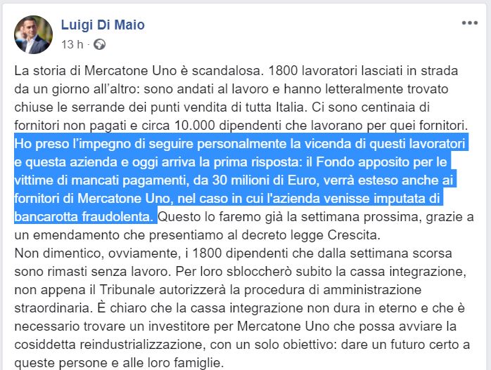 I soldi di Di Maio per Mercatone Uno (non bastano) article-post