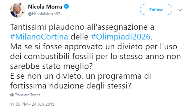 Morra alle Olimpiadi preferirebbe il divieto dei combustibili fossili (e allora perché non lo fa?) article-post