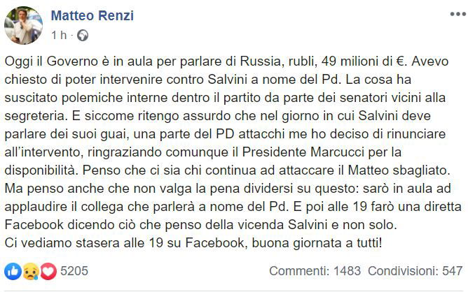 Oggi il governo deve parlare dei rubli alla Lega e il PD litiga su Renzi article-post