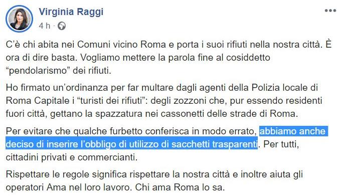 virginia raggi obbligo sacchetti trasparenti roma