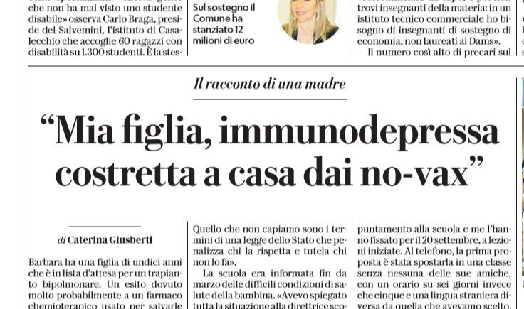 “La mia bimba immunodepressa senza scuola per i no-vax” article-post