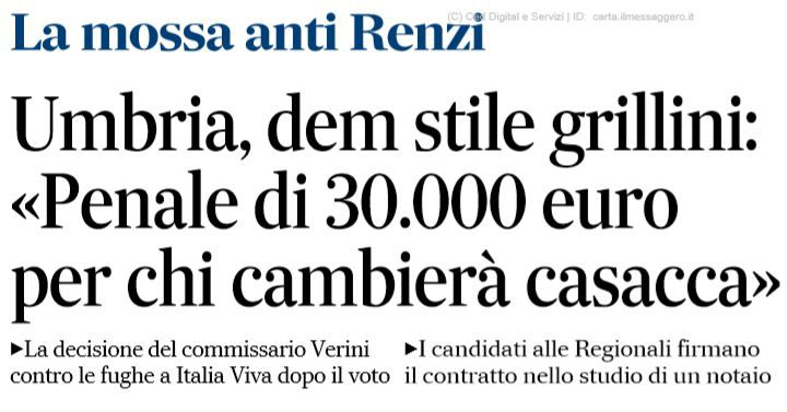 La multa da 30mila euro per chi cambia casacca: in Umbria dem come i grillini article-post