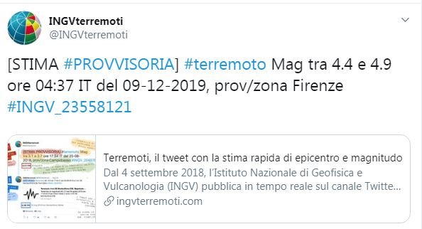 Terremoto a Firenze 9 dicembre 2019