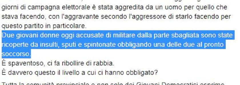La ragazza aggredita a sputi mentre faceva volantinaggio per le elezioni in Emilia-Romagna article-post