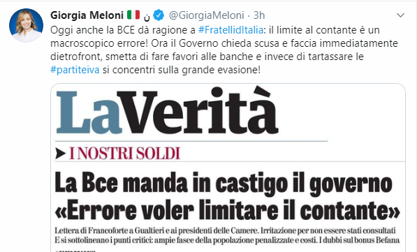 La fantastica coerenza di Giorgia Meloni sulla soglia dei pagamenti in contante article-post
