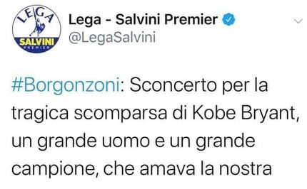 La Lega usa la tragedia di Kobe Bryant per lanciare l’hashtag di Borgonzoni presidente (e cancella) article-post