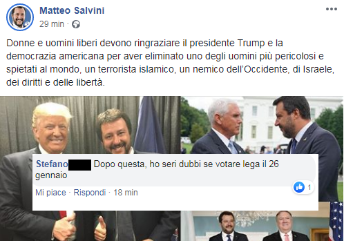 Come l’applauso di Salvini a Trump per Soleimani ha fatto infuriare i suoi fans article-post