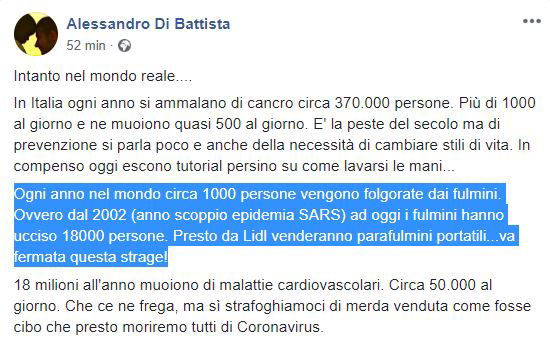 Di Battista lucidissimo sul Coronavirus: «E allora i morti per i fulmini?» article-post