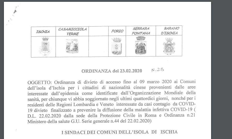 Il divieto di sbarco a Ischia per i residenti in Lombardia e Veneto e per i cinesi dall’Hubei article-post