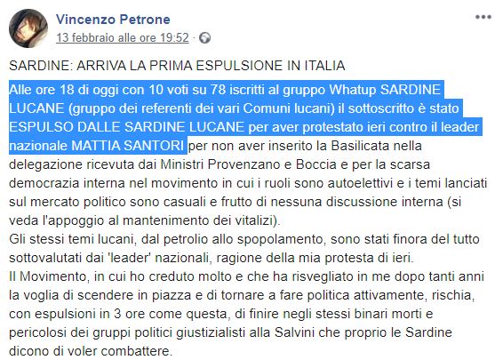 Vincenzo Petrone: il capo delle Sardine in Basilicata espulso su Whatsapp article-post