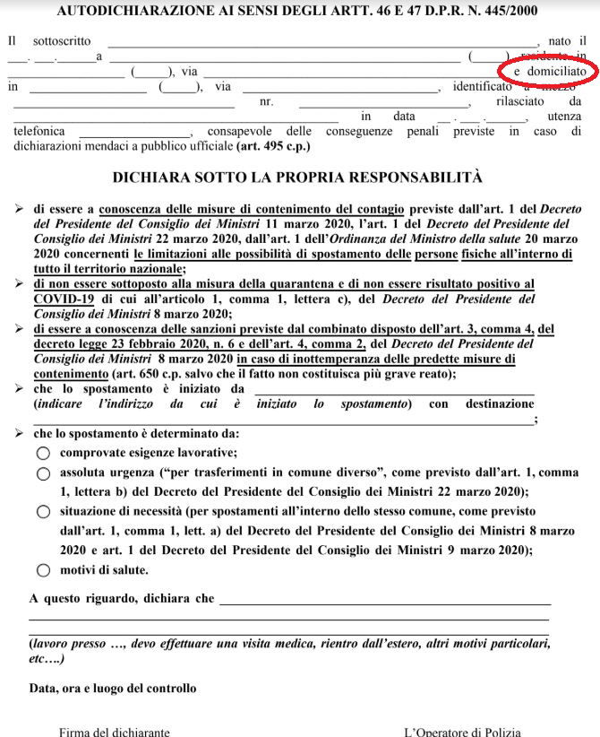 autocertificazione autodichiarazione modulo spostamenti