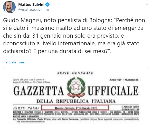 Sorpresa: Salvini scopre dopo due mesi che siamo in stato di emergenza sanitaria preview
