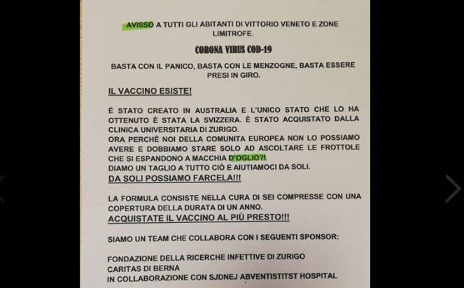 La bufala del vaccino per il Coronavirus a Vittorio Veneto article-post