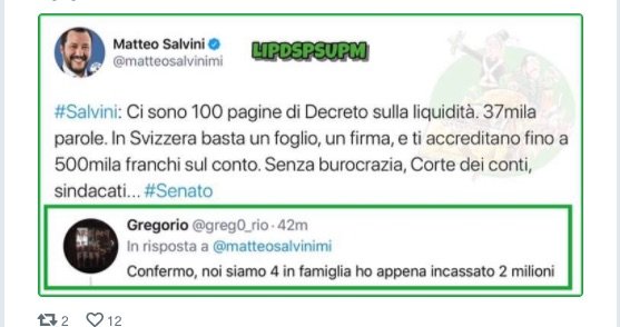 Il tweet di Matteo Salvini sui soldi che piovono dal cielo in Svizzera