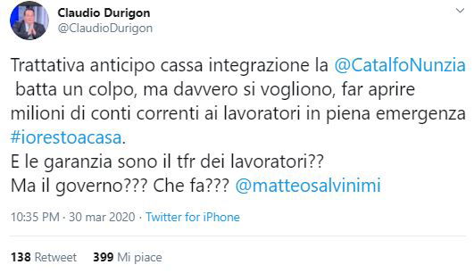claudio durigon bufala conti correnti lavoratori cassa integrazione
