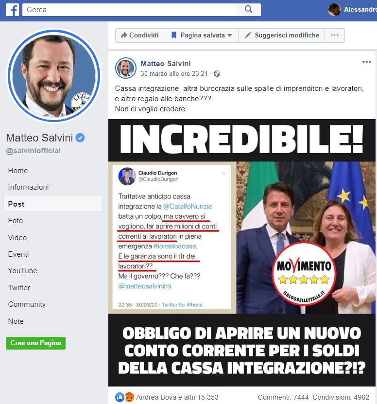 matteo salvini bufala conti correnti lavoratori cassa integrazione