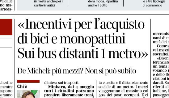 Paola De Micheli e gli incentivi per gli acquisti di bici e monopattini (!) per la Fase 2 article-post