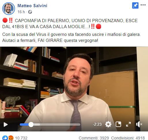 Le bufale di Salvini sul governo che fa uscire di galera i boss mafiosi con la scusa del virus preview