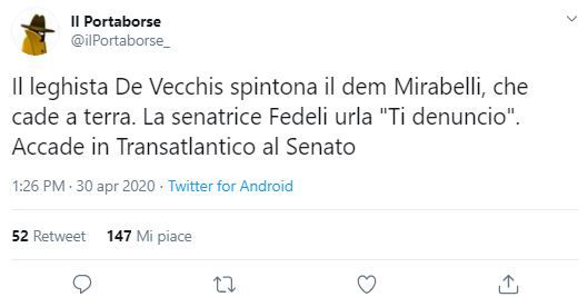 «Il leghista De Vecchis ha spinto il senatore Mirabelli e l’ha fatto cadere» article-post