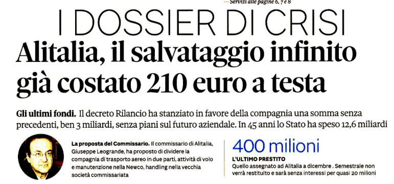 alitalia salvataggio 210 euro a testa