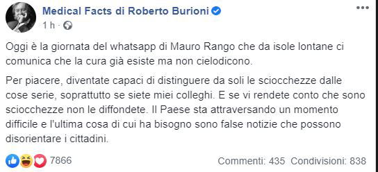 Il messaggio su Whatsapp di Mauro Rango su Burioni e la cura al plasma per il Coronavirus article-post