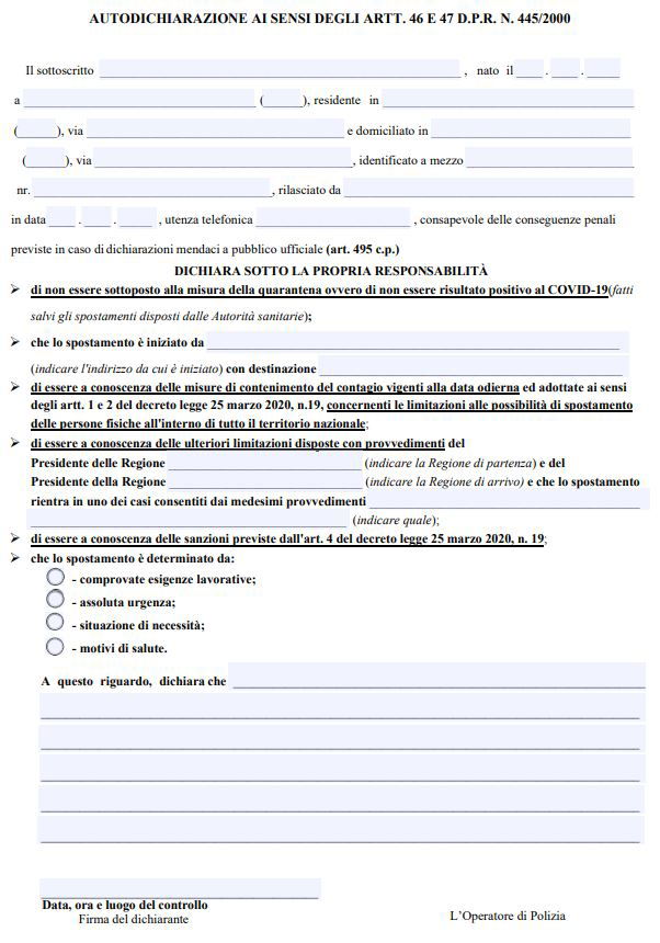 Il nuovo modulo autocertificazione per gli spostamenti da regione a