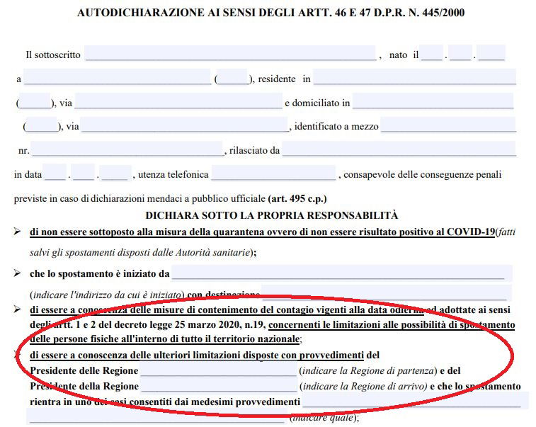 Il nuovo modulo autocertificazione per gli spostamenti da regione a regione a partire dal 18 maggio article-post