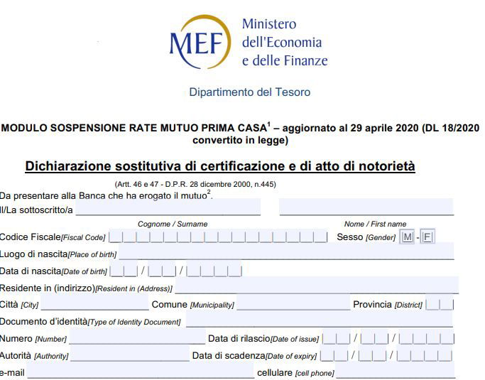 nuovo modulo sospensione delle rate dei mutui