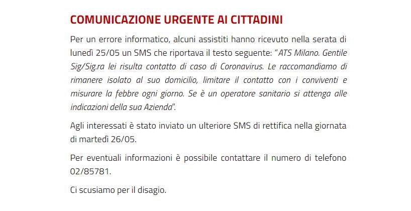 ATS di Milano sms regione lombardia coronavirus