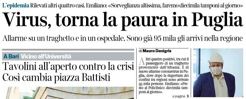Il Coronavirus in Puglia e il positivo sul traghetto a Bari article-post