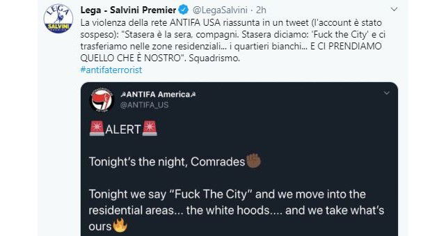 Come la Lega usa il tweet di un account fake per screditare gli ANTIFA preview