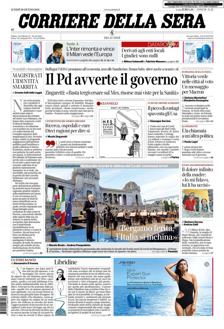 Notizie Di Oggi: Prima Pagina Del Corriere Della Sera Del 29 Giugno