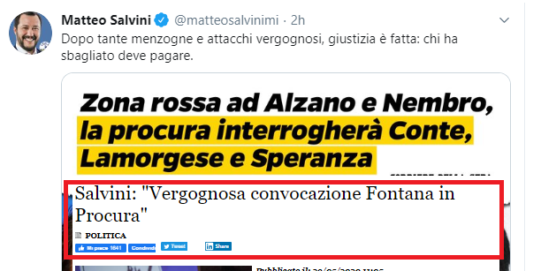 Salvini è fatto così: se la Procura di Bergamo convoca Fontana è una vergogna, se chiama Conte «giustizia è fatta» article-post