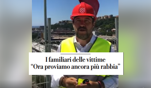 Salvini sfotte chi si è offeso per il selfie sul ponte di Genova: ovvero i parenti delle vittime preview