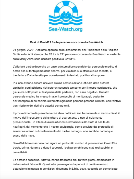 sea watch migranti in quarantena