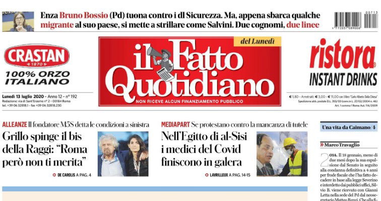 Notizie di oggi la prima pagina del Fatto Quotidiano di oggi 13 luglio 1
