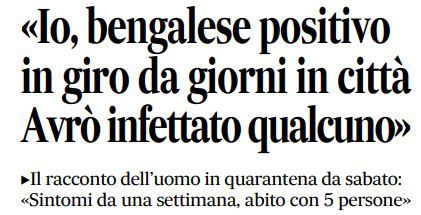 Il cittadino del Bangladesh positivo al Coronavirus: «In giro avrò infettato qualcuno» article-post