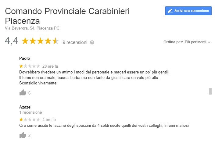 carabinieri piacenza recensioni google 2