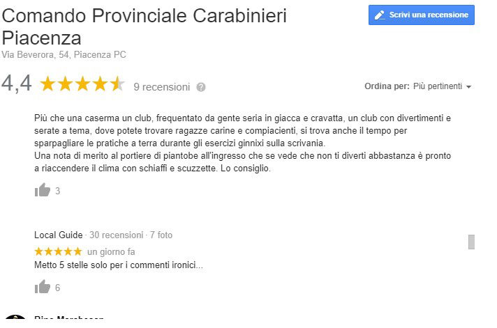 Le recensioni sulla pagina Google del comando provinciale dei carabinieri di Piacenza article-post